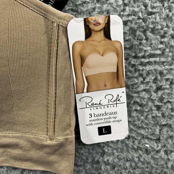 RENE ROFE BRA WOMENS LARGE BEIGE TAN 3 BANDEAUS SEAMLESS PUSH UP CONVERTIBLE NWT - Picture 2 of 7